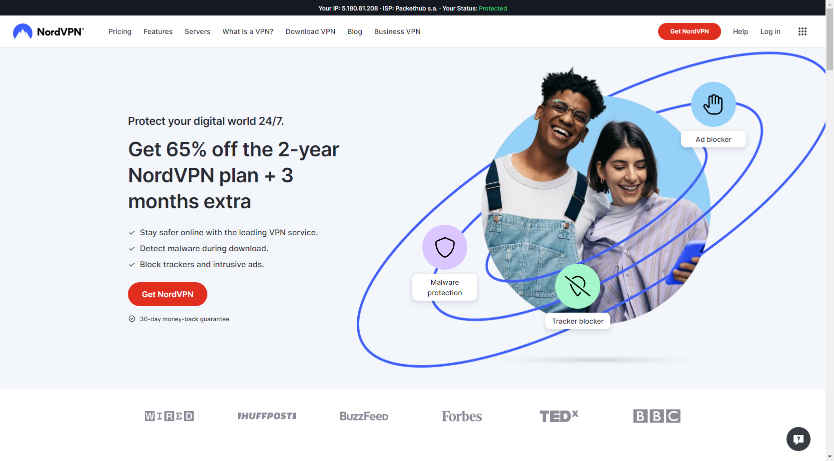 Screenshot of NordVPN homepage